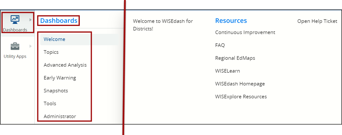 WISEdash Welcome Dashboard and Sub-Menu screenshot