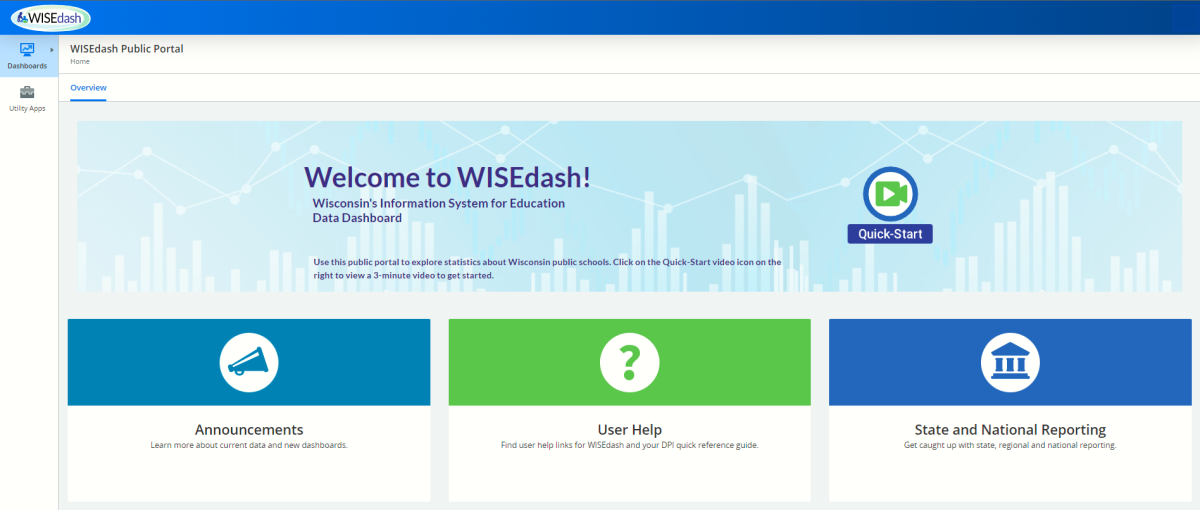 screenshot of WISEdash public portal welcome screen