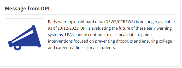 Banner placed on the webpages for DEWS, CCREWS and Student Profile Dashboards for WISEdash for Districts About the Data pages. 