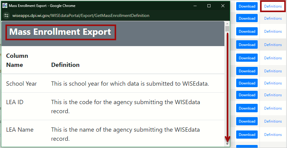 Screenshot of the Mass Enrollment Export as an example of how to view definitions of data elements included within the export. Scrolling allows users to view all data elements.