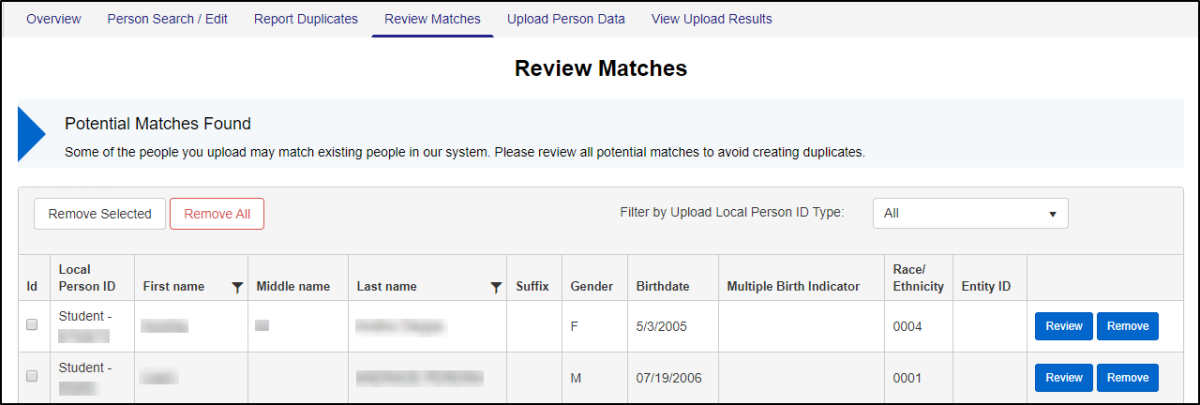 image of review matches screen