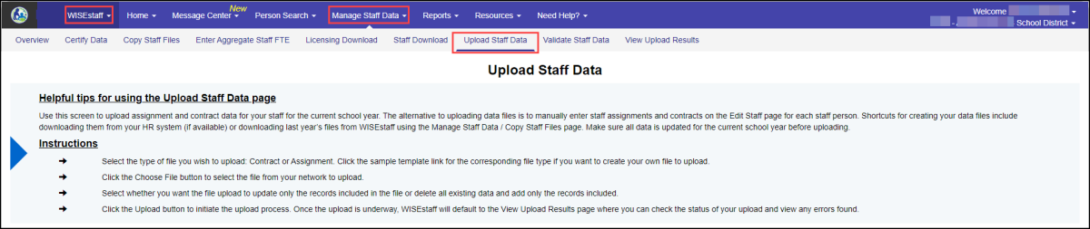 The Upload Staff Data screen in WISEstaff is for Steps 2a and 2b.