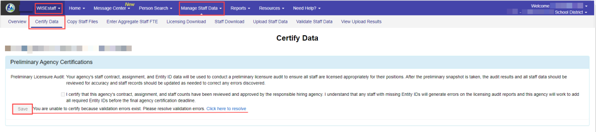 The Certify Preliminary Data screen is Step 2e of the Staff Collection Checklist. 