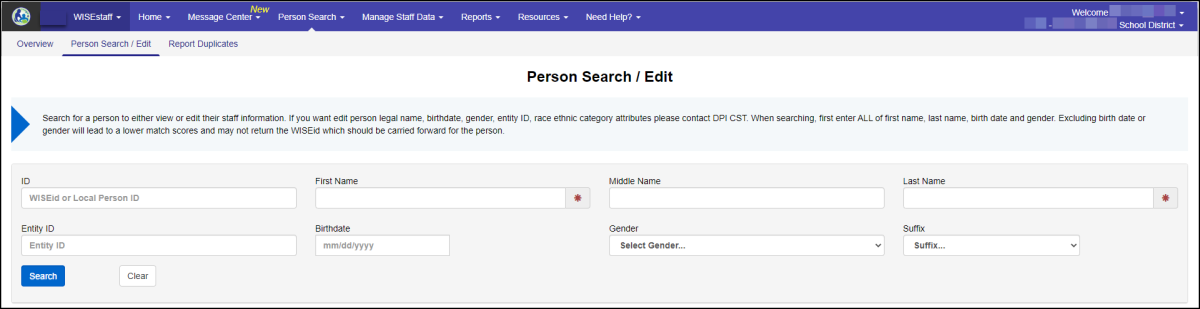 Person Search Edit menu and tab on WISEstaff