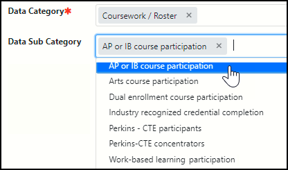 WISEadmin Data Category for Coursework/Roster subcategory options.
