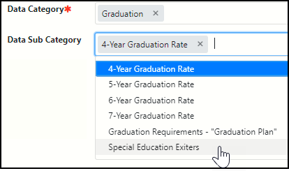 WISEadmin Data Category Graduation, subcategories.