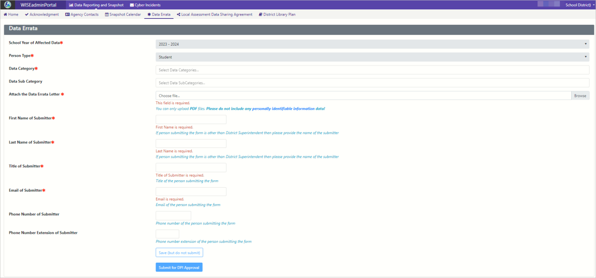 Screenshot of WISEadmin Portal Data errata submission form.