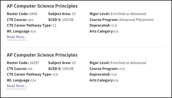 A screenshot of the Courses listing for AP Computer Science Principles, CTE Roster Code 6485, and non-CTE Roster Code 16297.