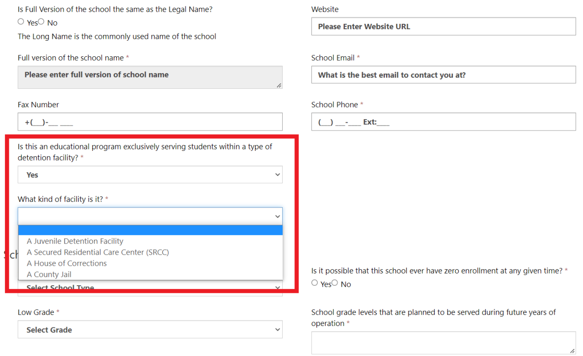 School Modification Form Screenshot