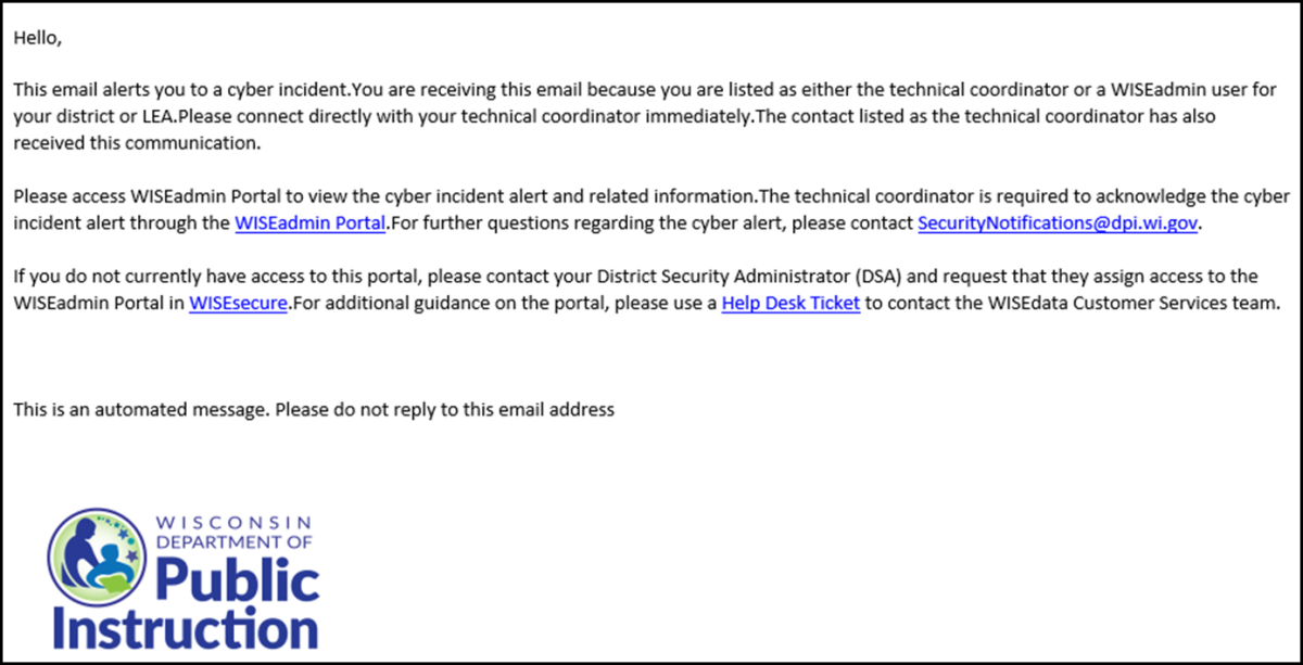Screenshot of Cyber Incident email in WISEadmin Portal