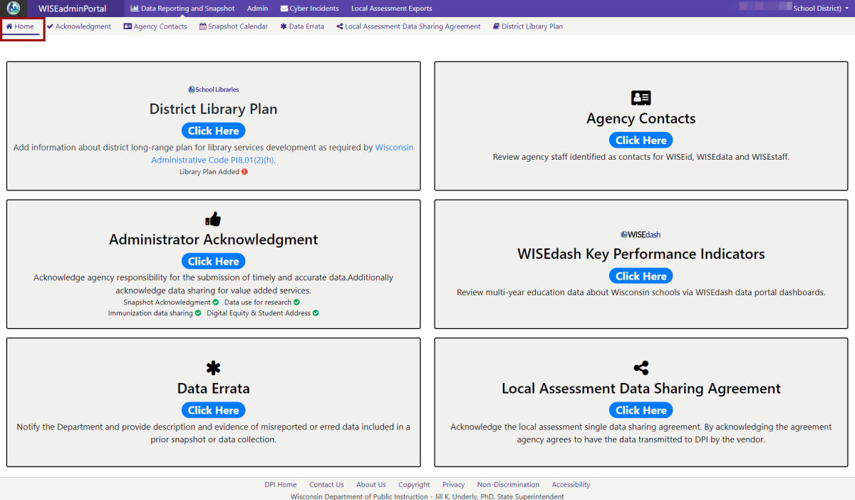 Screenshot of the Home screen of WISEadmin portal. 