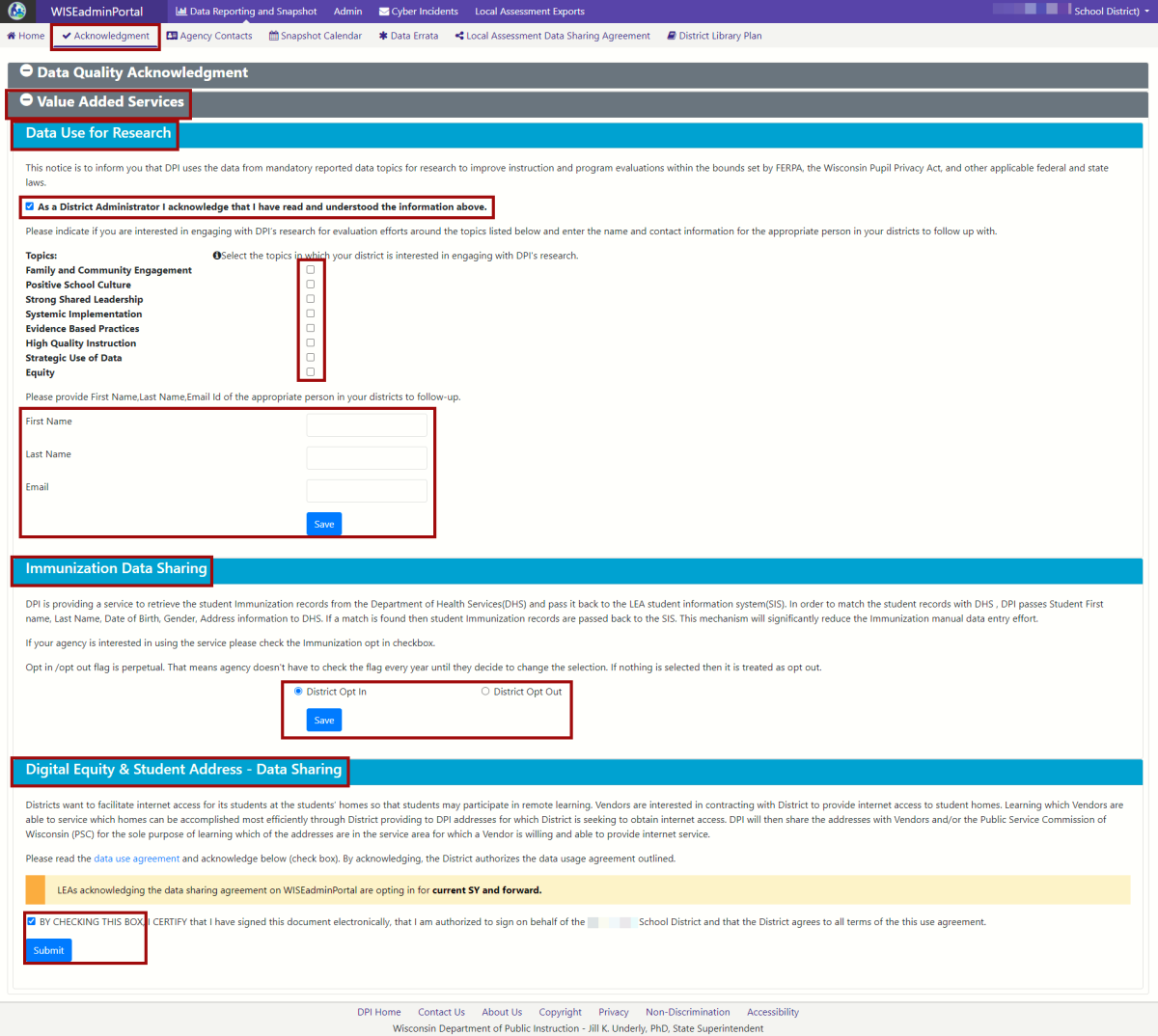 Screenshot of WISEadmin Portal Value added services on Acknowledgement screen