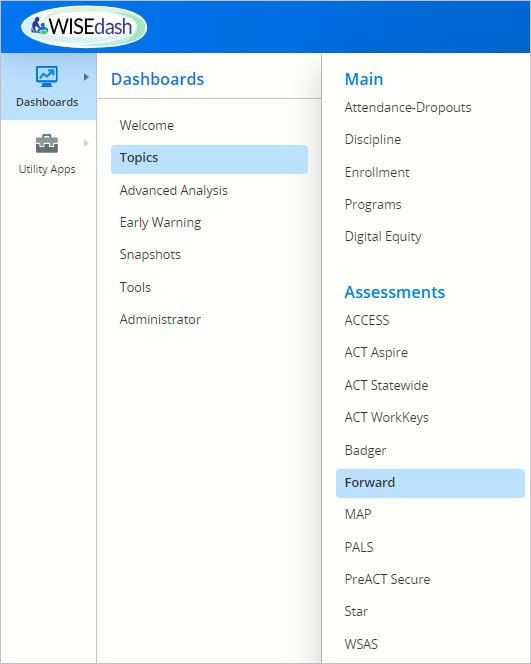 Screenshot of the WISEdash for Districts, Administrator, Assessments dashboard location in the menu.
