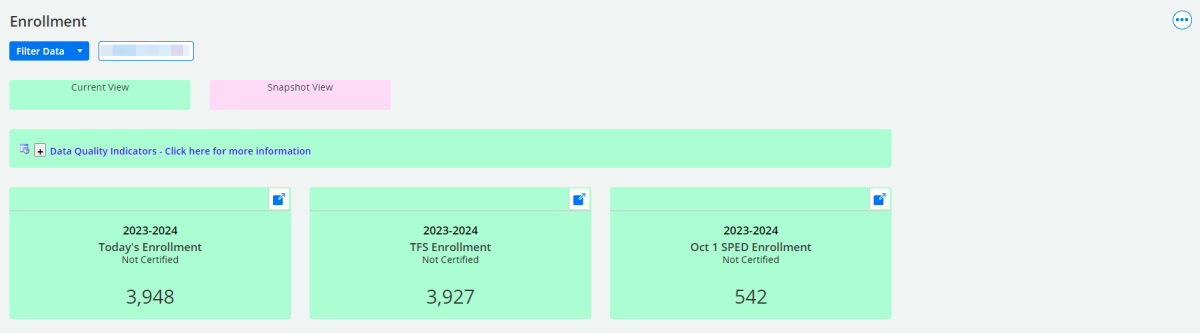 Screenshot of the WISEdash for Districts, Administrator, Enrollments data quality indicators.