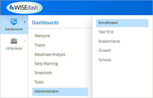 Screenshot of the WISEdash for Districts, Administrator, Enrollments dashboard.