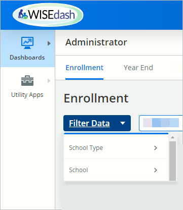 Screenshot of the WISEdash for Districts, Administrator, Enrollments dashboard, filtering by school type or school..