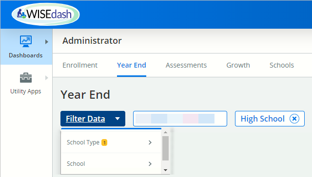 Screenshot of the WISEdash for Districts, Administrator, Year End dashboard filter options by school type and school.