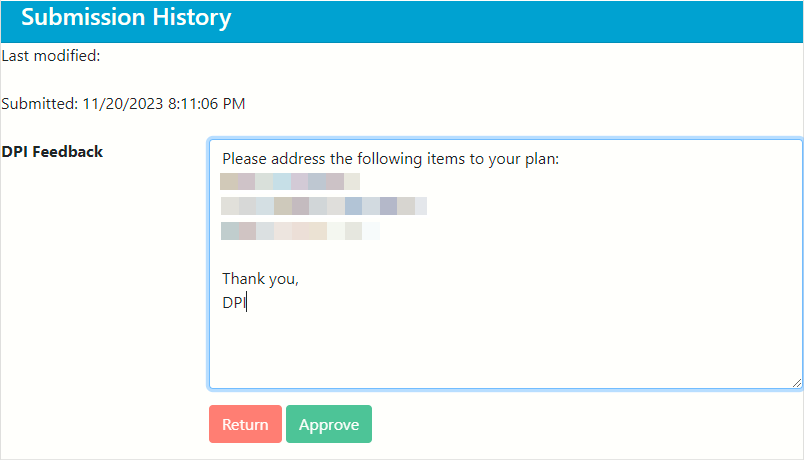 Screenshot of an example of DPI feedback to an LEA that needs to adjust and resubmit their district library plan, loated in the submission history section of the screen.