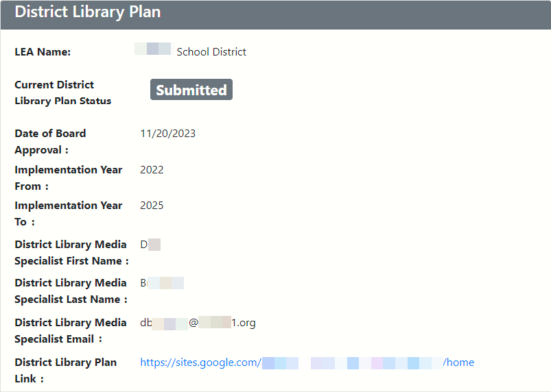 Screenshot of a sumitted districts library plan on WISEadmin Portal. 