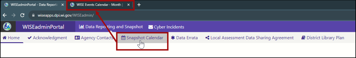 Screenshot of snapshot calendar screen on WISEadmin Portal.