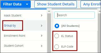 Screenshot of using Filter Data button, Group by filter, and selecting either EL Status or ELP Code on WISEdash for Districts