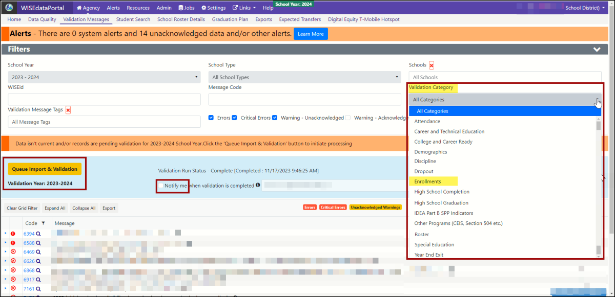 Screenshot of WISEdata Portal, Agency, Validation Messages screen, highlighting the Validation Category filters. 