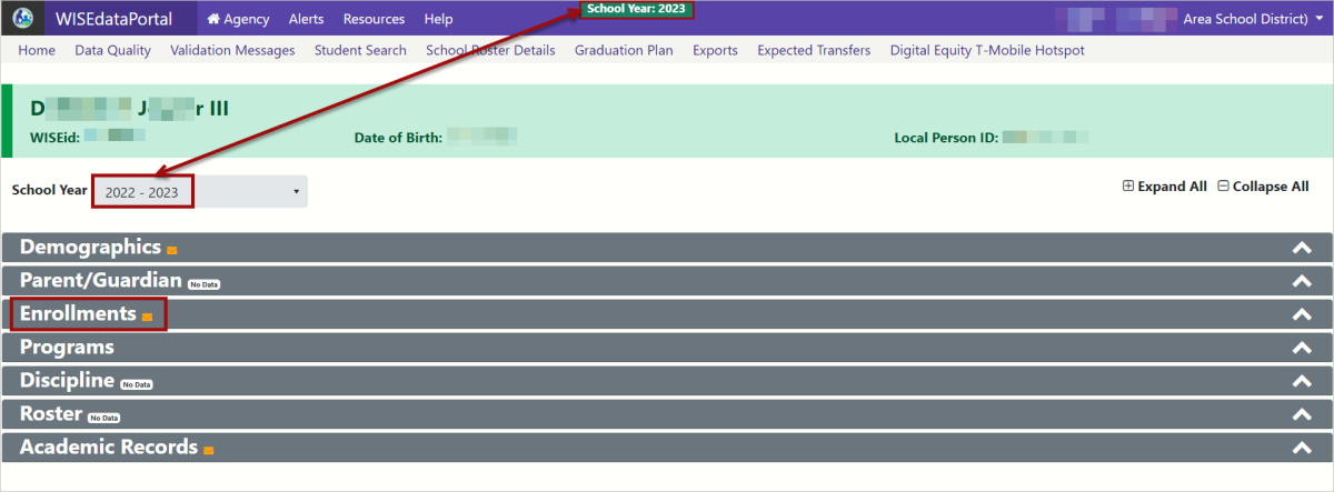 A screenshot of a student specific detail screen on WISEdata Portal. The school year and the enrollments header are highlighted.