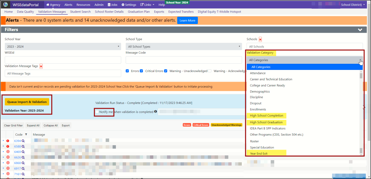Screenshot of WISEdata Portal, Agency, Validation Messages screen, highlighting the Validation Category filters. 