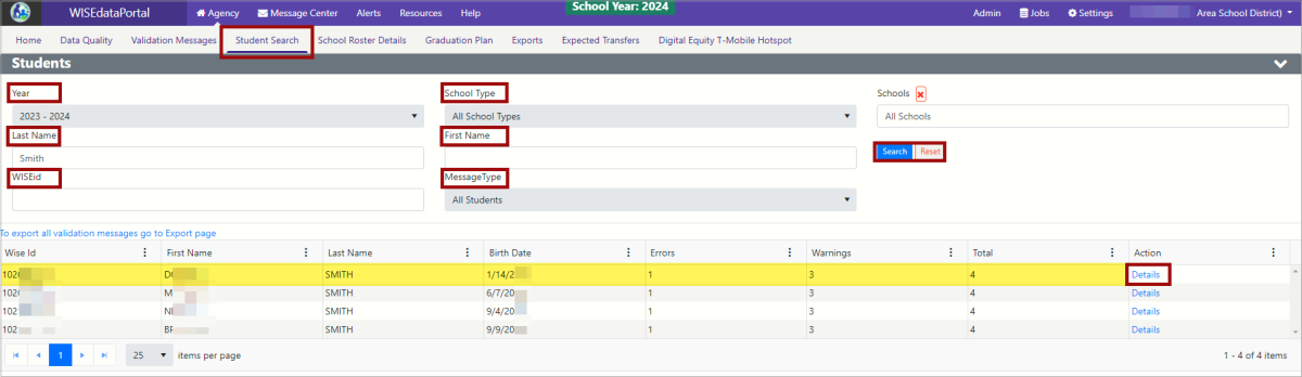 Screenshot of the Student Search screen on WISEdata Portal. Each of the search filters is indicated with a red box. 