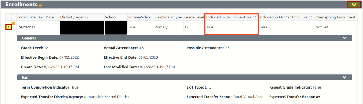 screenshot of a sample, traditional enrollment record from a student specific detail screen in WISEdata Portal. 