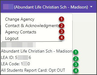 Screenshot of profile dropdown menu in WISEdata Portal for a Choice school/district.