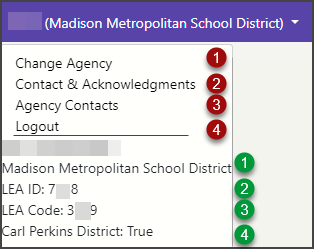 Screenshot of profile dropdown menu in WISEdata Portal for a Public school/district.