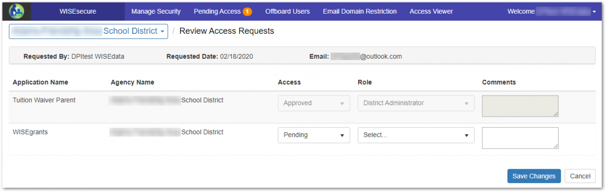 Screenshot of Pending Requests page on WISEsecure. 