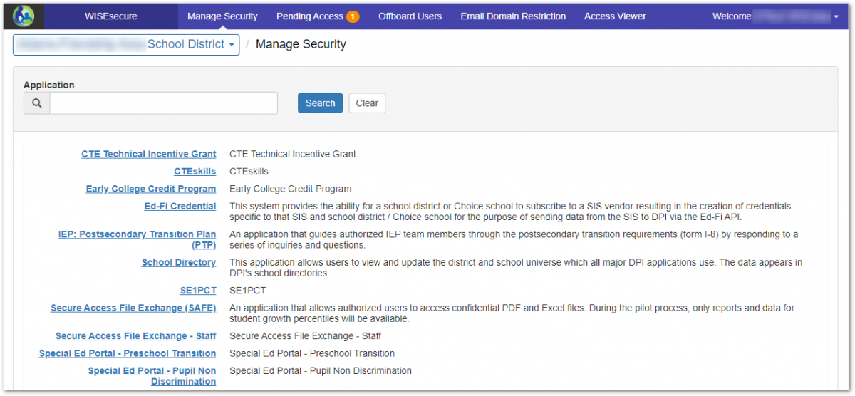 Screenshot of the Manage Security page on WISEsecure.