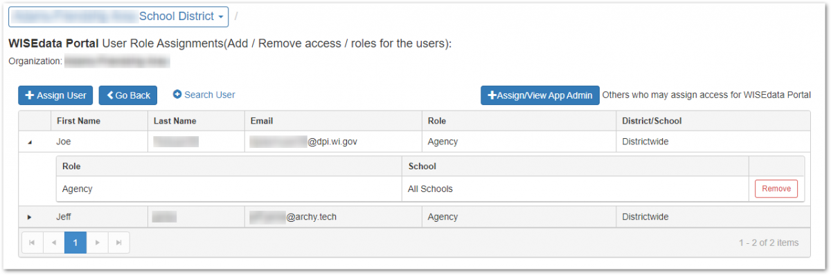 Screenshot of the Assign User page on WISEsecure.