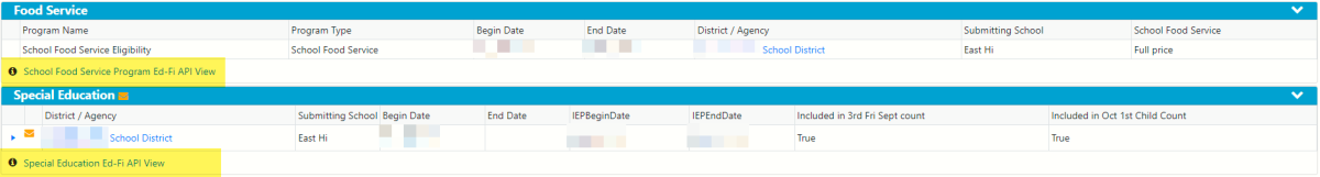 Screenshot of Food Service and Special Education program records, highlighting the hyperlink to the Ed-Fi API View