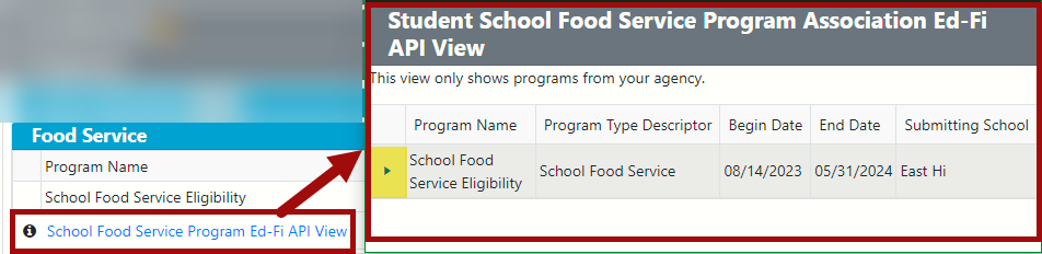 Screenshot of Food Service record hyperlink to Ed-Fi API view with pop-up window. 