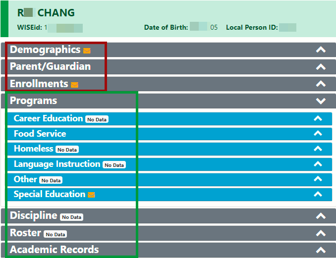 Specific Student Detail screen example. A red box contains demographics, parent/guardian information as part of the enrollment record. Programs, Discipline, Roster and Academic Records are dependent records for an enrollment record. 