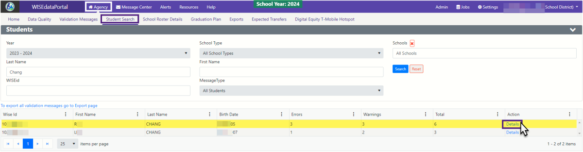 Screenshot of the WISEdata Portal Agency menu, Student Search screen. 