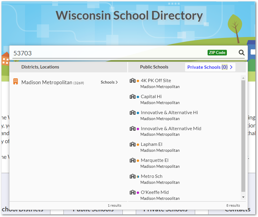 image of search results on school directory home page