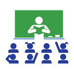 icon showing a classroom with children, some with their hands raised, and a teacher in front of a chalkboard holding an open book