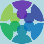 Circle of outline of six people in purple, blue, green and yellow colors.