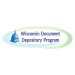 Wisconsin Document Depository Program logo with Wisconsin Capitol image encircled by blue and green swish