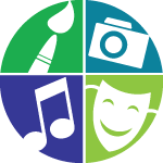 Icons of a paint brush, camera, musical note, and drama mask