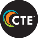 Career and Tech Education Logo, featuring the letters CTE and nested blue, orange, and green crescent shapes