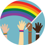 Hands waving a traditional rainbow pride flag
