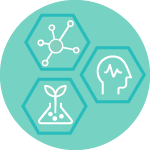 Icons representing various science disciplines, including an atom, a plant, and a human brain