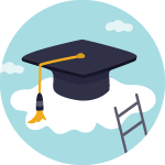 Ladder leaning on a cloud that has a graduation cap on it