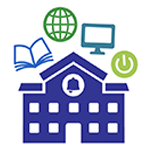 Icon image of school with book and computer symbols