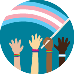 Hands with different skin tones reaching up towards a waving trans pride flag